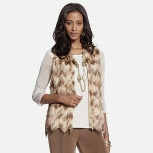 Chico's Brown Beige Ombre Chevron Pattern Shaggy Fringe Faux Fur Vest L